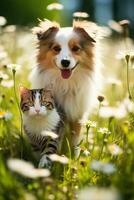 un mullido gato y un contento perro paseo mediante un soleado primavera prado foto