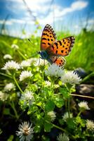 Clover and wildflowers blossom in a summer meadow while a scarce copper butterfly flutters above photo