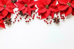 Christmas decoration Red poinsettia flowers tree branches ball and berries on white background with text space photo