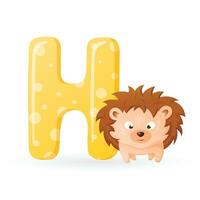 Vector isolated cartoon illustration of English alphabet letter H with picture of hedgehog.