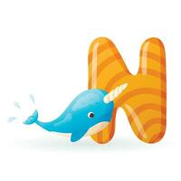 Kids banner with english alphabet letter N and cartoon image of cute narwhal with a big horn splashing in the water. vector