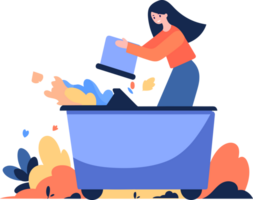 Hand Drawn woman with recycling bin in flat style png