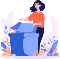 Hand gezeichnet Frau mit Recycling Behälter im eben Stil png