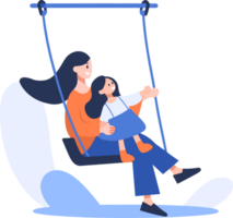 Hand Drawn mother playing on swings with child in flat style png