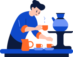 Hand Drawn Barista making coffee happily in flat style png