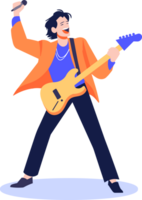 Hand Drawn musicians playing guitar and singing in flat style png