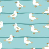 Seamless seagulls pattern. Creative nautical blue background with stripped. vector