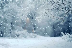 invierno temporada con nieve tapas cubierto ramas de pino árbol en Navidad festival, copo de nieve y bokeh Brillantina ligero antecedentes para burlarse de arriba, Navidad víspera nuevo año fondo, con generativo ai. foto