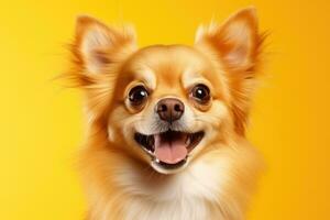 linda perro en amarillo fondo, ai generado foto
