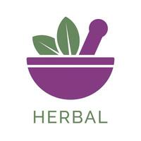 Vector isolated logo with illustration and lettering, mortar with pestle, herbal collection or tea.