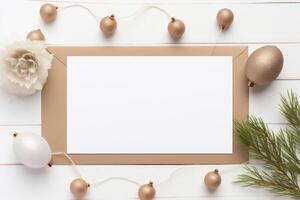 Navidad saludo tarjeta, blanco tarjeta con sobre con Navidad decoraciones, ai generado foto