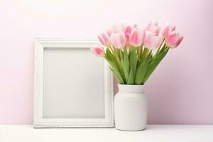 White and pink frame mockup with flowers. AI Generated photo