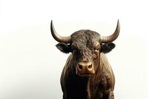 Strongest dark brown bull with muscles and long horns portrait looking at camera isolated on clear png background, Animals Fighter concept, with Generative Ai. photo