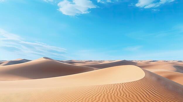 Desert Dune cliff sand landscape with clean blue sky. Minimal Desert natural background. Scene of Dry land Sand, dusty road without the end point, with Generative Ai. photo