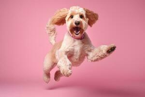 cute toy poodle dog on pink background, AI Generated photo