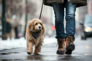 perro caminando con irreconocible propietario en ciudad calle paso de peatones, ai generado foto