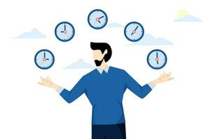 concepto de hora gestión, puntualidad o trabajo fecha límite, calendario plan o recordatorio, productividad experto o cuenta regresiva Temporizador, pericia, experto confidente empresario malabares reloj en diferente tiempo. vector