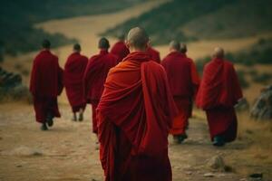 Serene Asian Monks in Red Robes Gracefully Walking Along a Mountain Path - AI generated photo