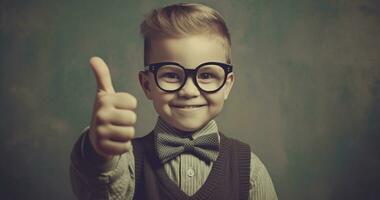 alegre pequeño chico en lentes y traje pulgares arriba y sonriente a cámara - ai generado foto