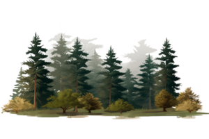watercolor of small fir forest, group of tree landscape isolated. Generative AI png