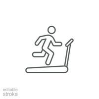 Man running on treadmill icon. Simple outline style. Run, runner, gym equipment, fitness, exercise machine, sport concept. Thin line symbol. Vector isolated on white background. Editable stroke SVG.