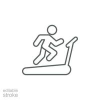 Man running on treadmill icon. Simple outline style. Run, runner, gym equipment, fitness, exercise machine, sport concept. Thin line symbol. Vector isolated on white background. Editable stroke SVG.