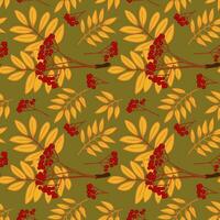Autumn hand drawn ashberry seamless pattern on dirty green background. Isolated flat vector yellow leaves and red berries. Simple cartoon design. Ideal for decoration, textile, wrapping, background
