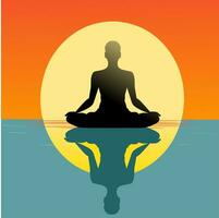 illustration design of someone doing yoga in a meditation position with the sun and its shadow in the background vector