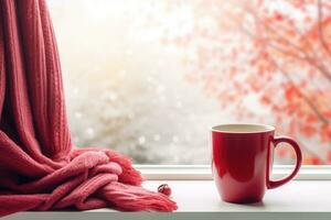 Cup of hot tea on window, red plaid and curtain , rain outside. AI Generated photo