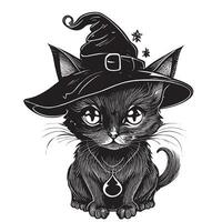 Black kitten in a witch hat hand drawn sketch Vector illustration Halloween