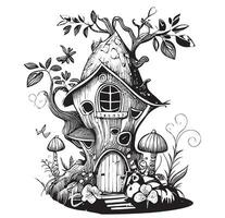 Fairy house in the forest hand drawn sketch Vector illustration