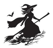 Silhouette of a witch on a broomstick Halloween sketch Vector illustration