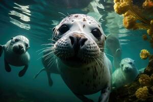 many seals underwater, AI Generated photo