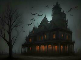 Halloween night with spooky house, bats and pumpkin background image photo