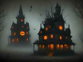 Halloween night with spooky house, bats and pumpkin background image photo