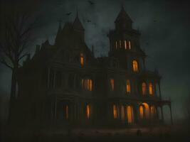 Halloween night with spooky house, bats and pumpkin background image photo