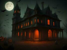 Halloween night with spooky house, bats and pumpkin background image photo