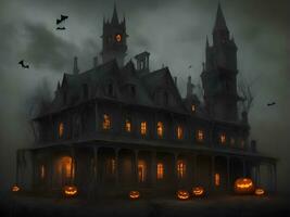 Halloween night with spooky house, bats and pumpkin background image photo