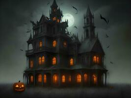 Halloween night with spooky house, bats and pumpkin background image photo