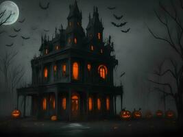 Halloween night with spooky house, bats and pumpkin background image photo