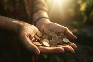 Hand holding coins. Generate Ai photo