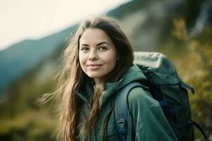Woman enjoying hiking. Generate Ai photo