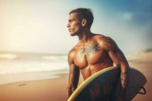 hombre tabla de surf playa. generar ai foto