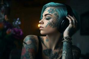 Tattoo woman sexy headphones. Generate Ai photo