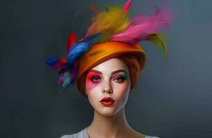 Colorful hat woman portrait. Generate Ai photo