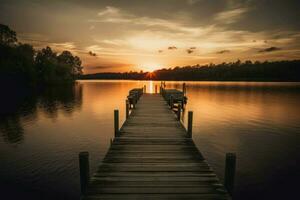 puesta de sol muelle lago naturaleza. generar ai foto