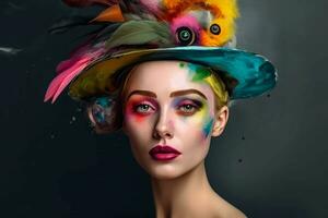 Colorful hat woman. Generate Ai photo