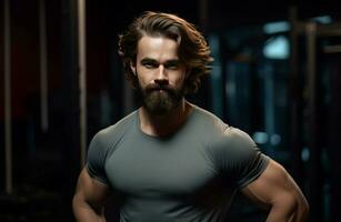Muscular man gym beard. Generate Ai photo