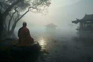 Monk fog sitting lake. Generate Ai photo