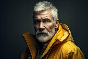 Old man yellow jacket. Generate Ai photo